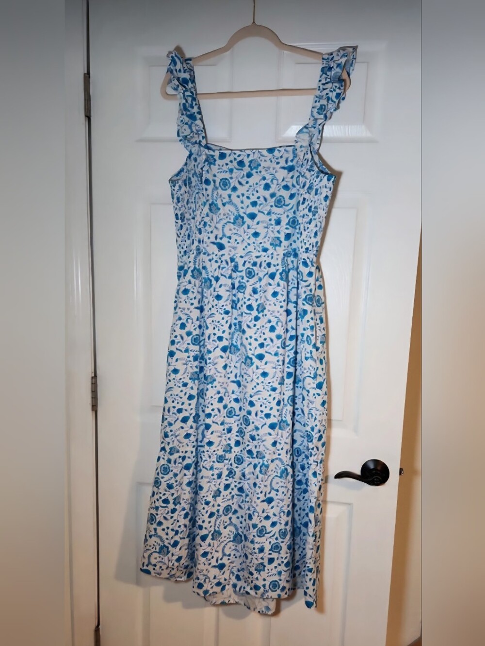 Blue Floral Midi Sundress with Ruffle Straps